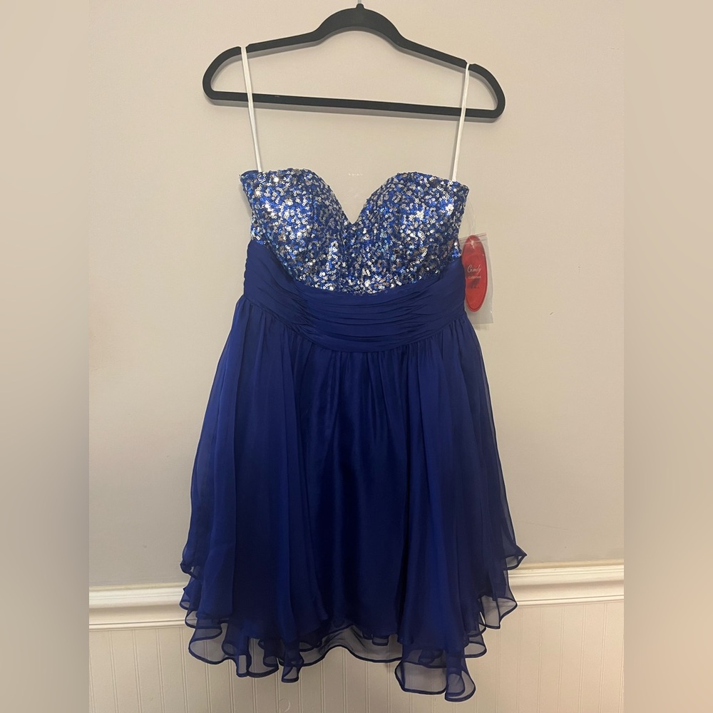 Cindy Collection Strapless Blue Sequin Dress. Size Large. NWT